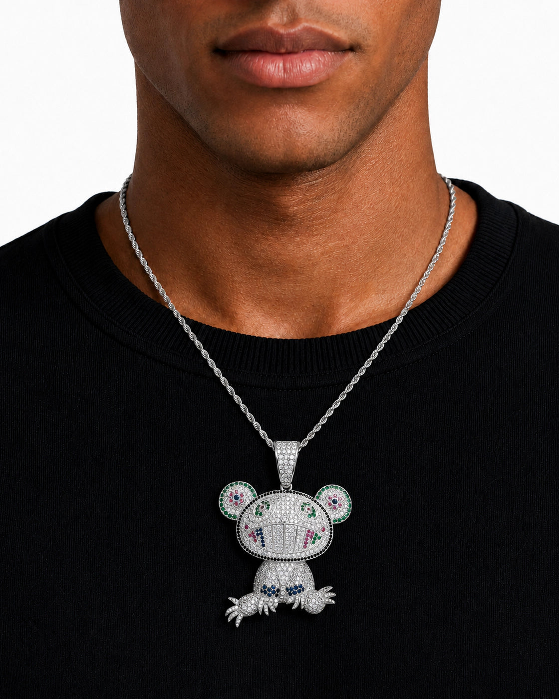Iced CZ Grin Character Pendant Necklace