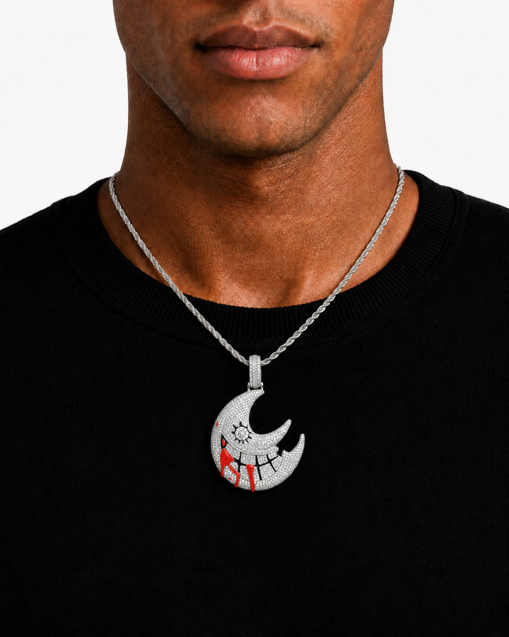 Iced CZ Crescent Grin Pendant Necklace