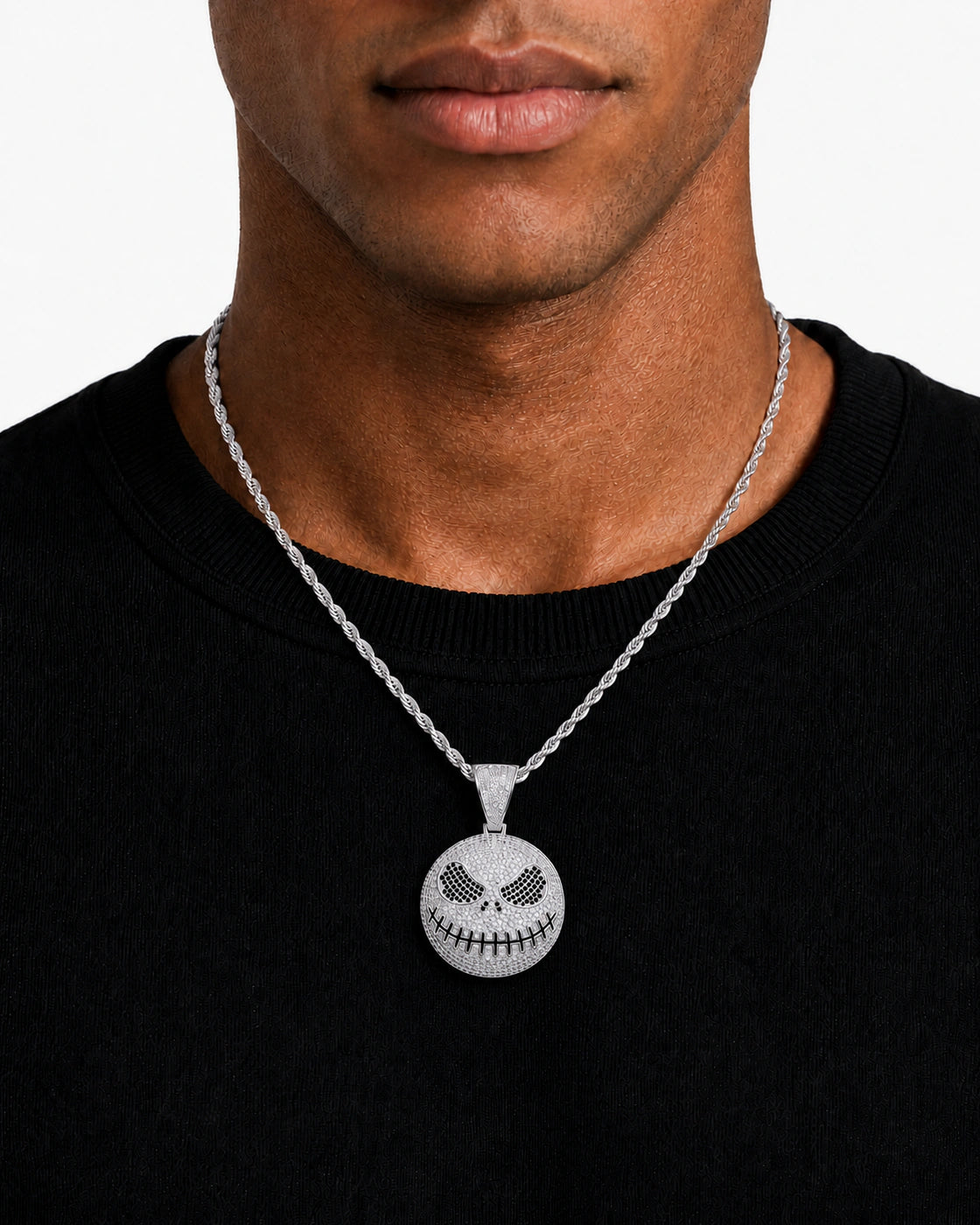 Iced CZ Stitched Grin Pendant Necklace