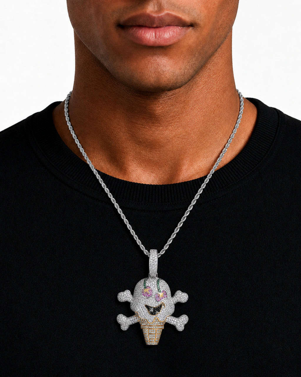 Iced CZ Skull Ice Cream Pendant Necklace