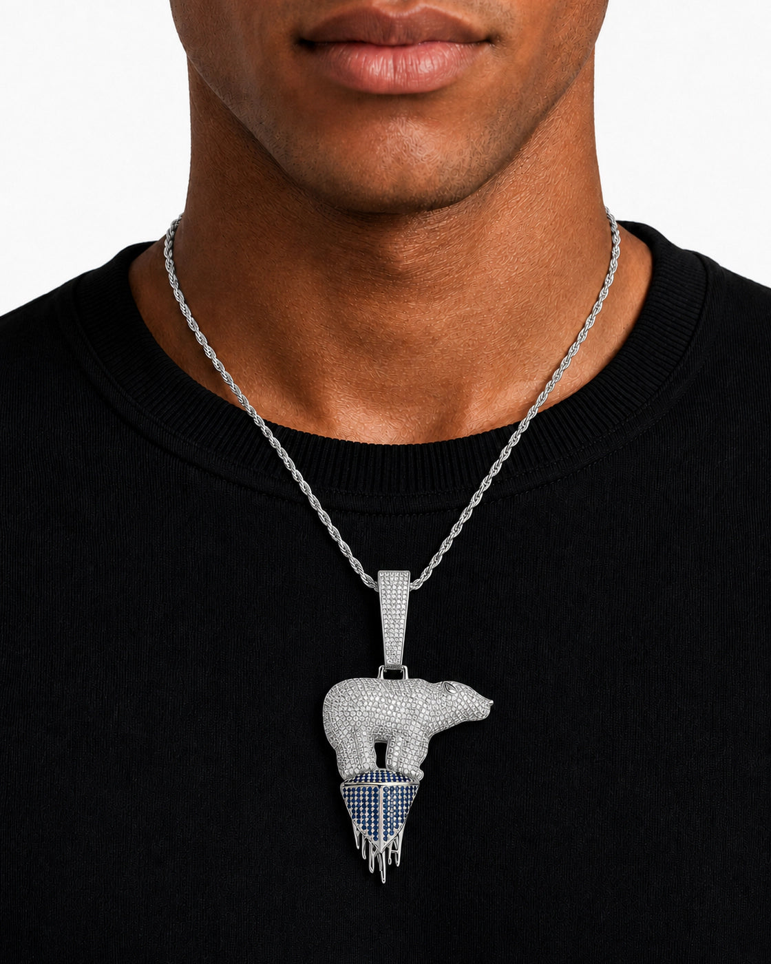 Iced CZ Polar Bear Melting Pendant Necklace
