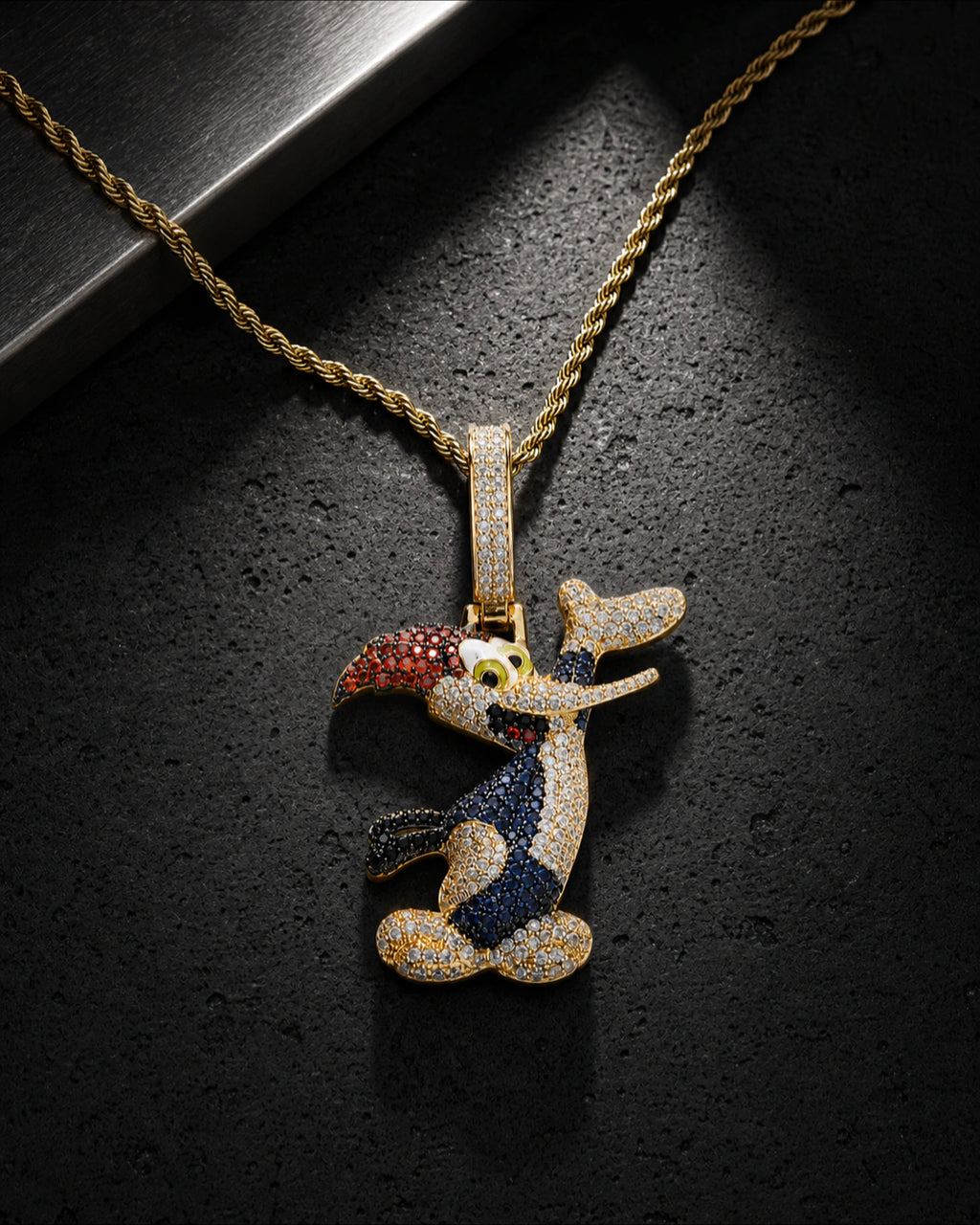 Iced CZ Cartoon Woodpecker Pendant Necklace