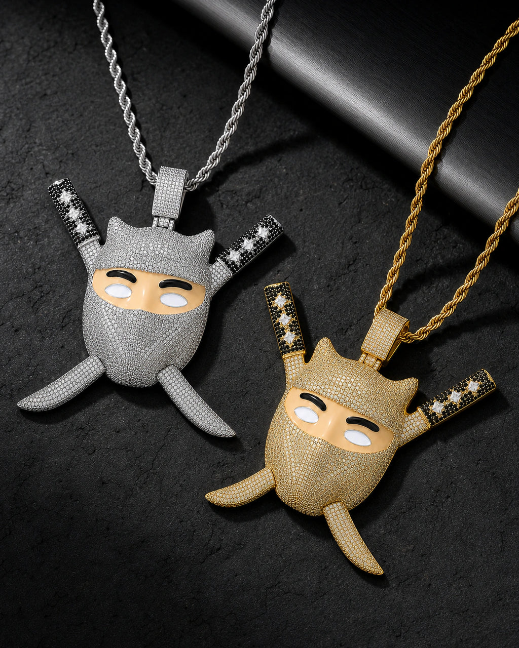 Iced CZ Ninja Mask Crossed-Blade Pendant Necklace
