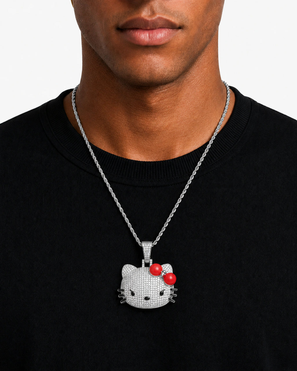 Iced CZ Pave Cat Face Red Bow Pendant Necklace
