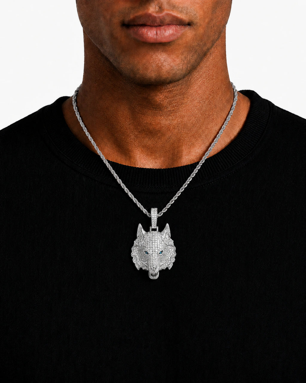 Iced CZ Wolf Head Pendant Necklace