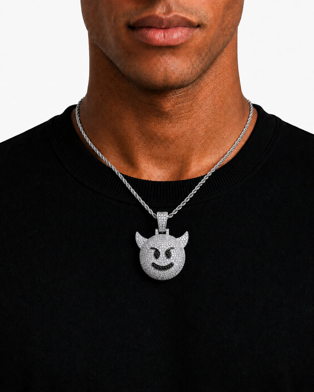 Iced CZ Horned Grin Pendant Necklace