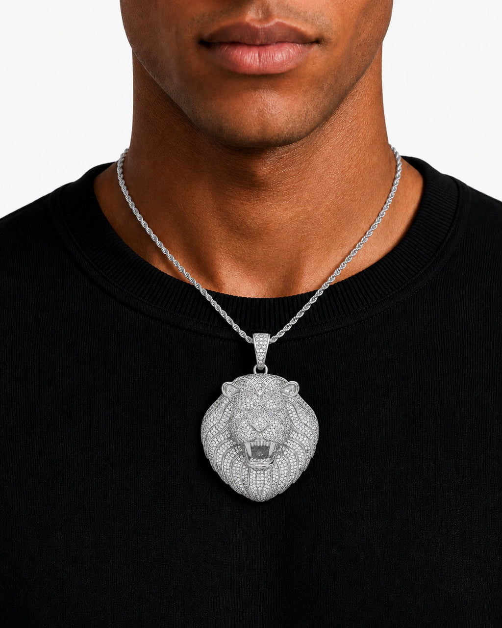 Iced CZ Roaring Lion Pendant Necklace