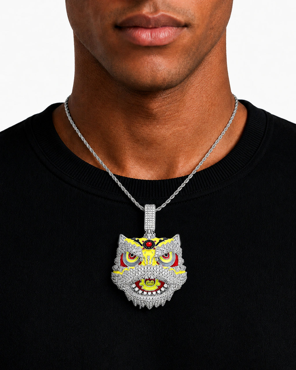 Iced CZ Lion Dance Head Pendant Necklace