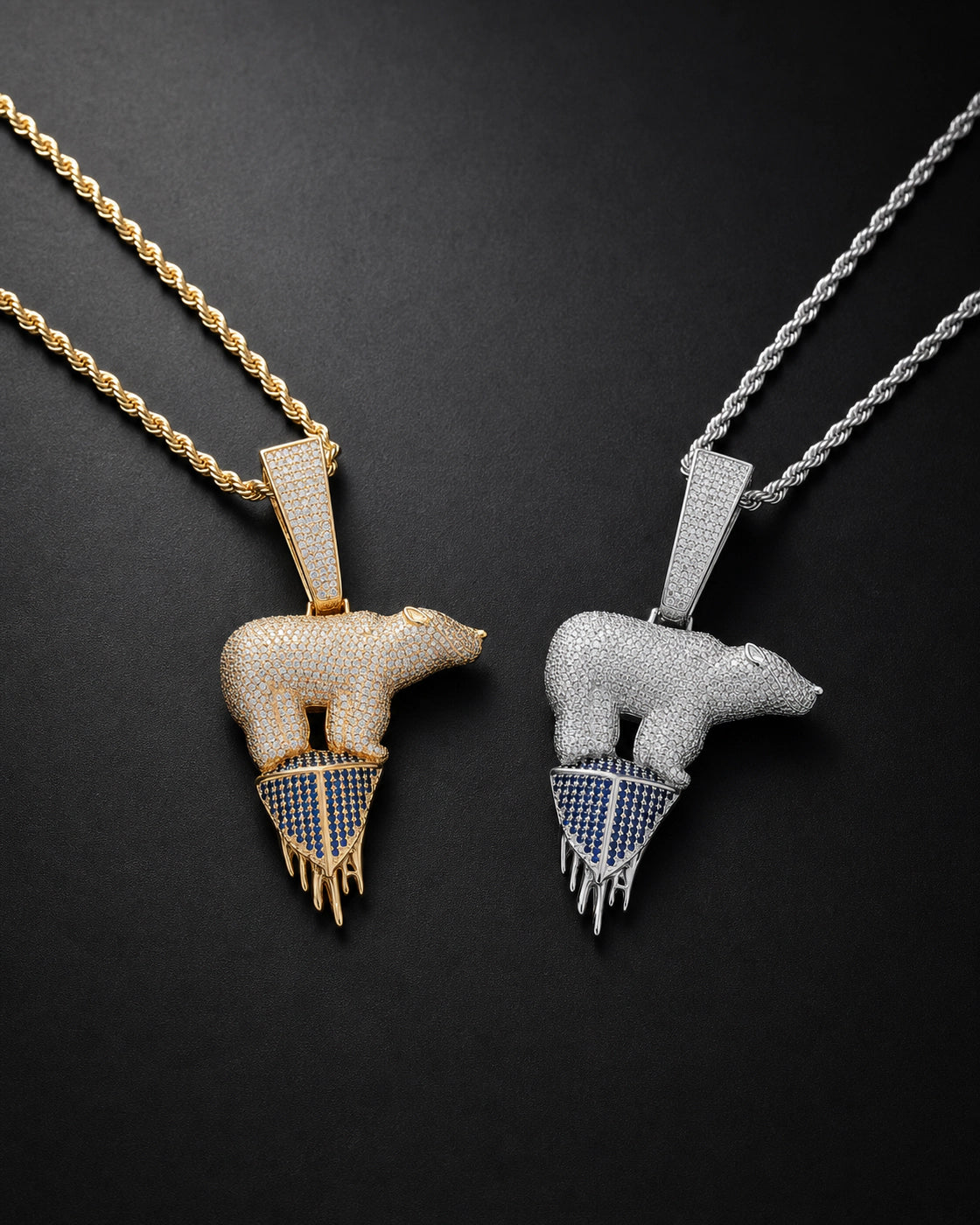 Iced CZ Polar Bear Melting Pendant Necklace