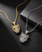 Iced CZ Stone-Set Leopard Head Pendant Necklace