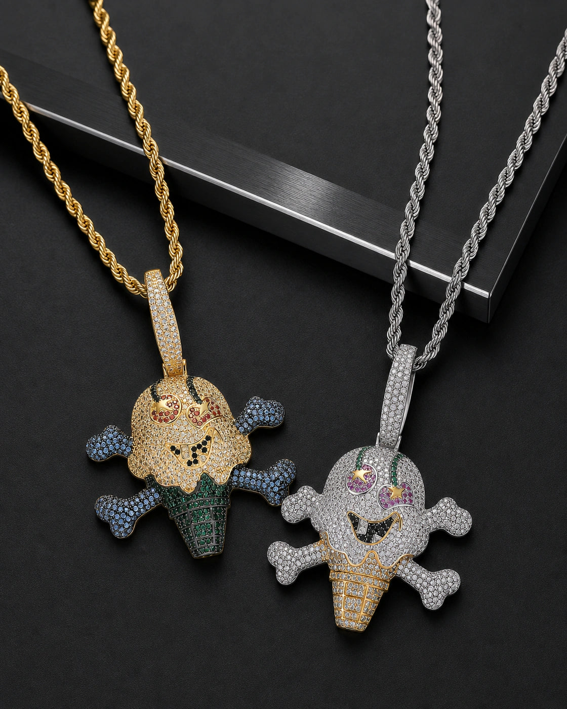 Iced CZ Skull Ice Cream Pendant Necklace