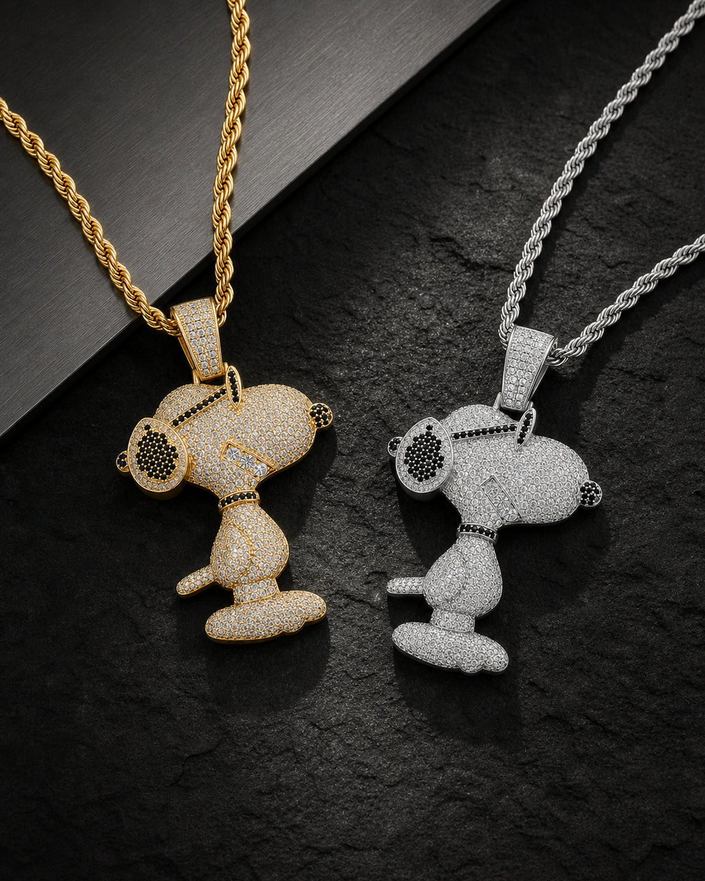 Iced CZ Side-Profile Cartoon Dog Pendant Necklace