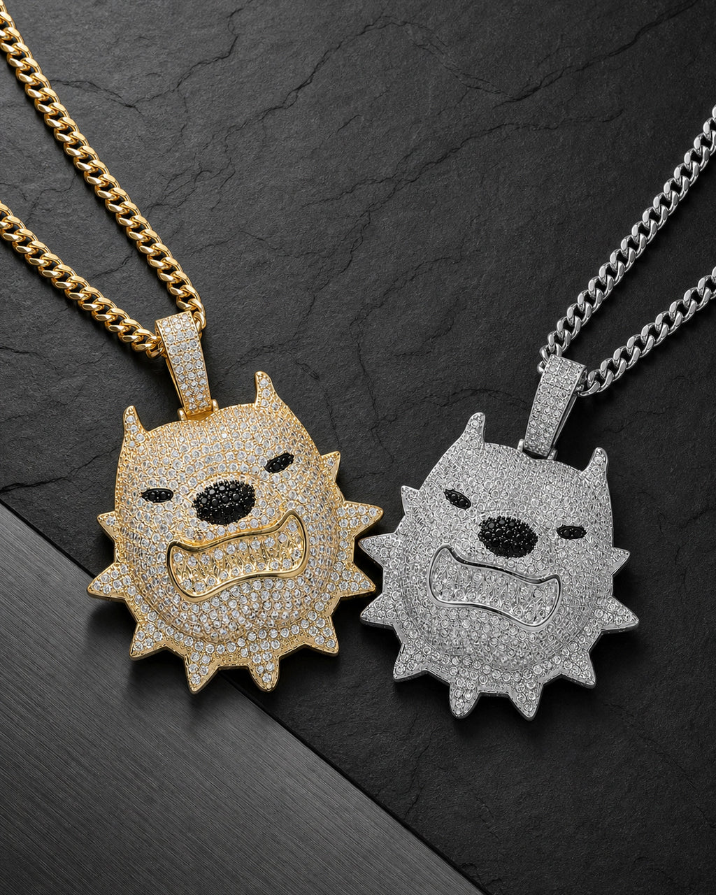 Iced CZ Spiked Bulldog Pendant Necklace