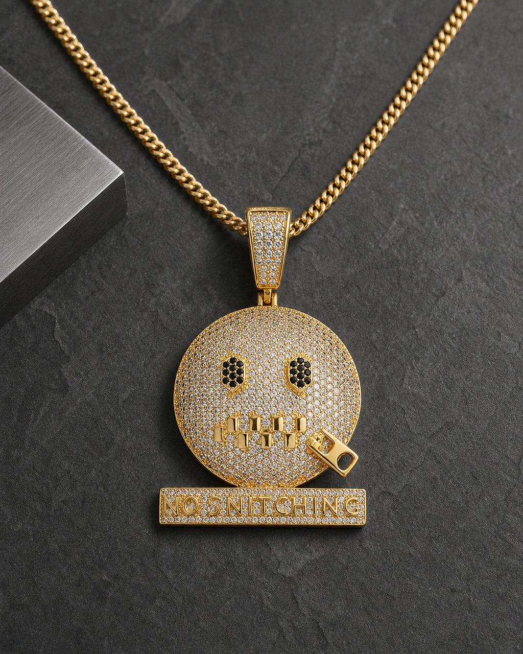 Iced CZ No Snitching Smiley Pendant Necklace