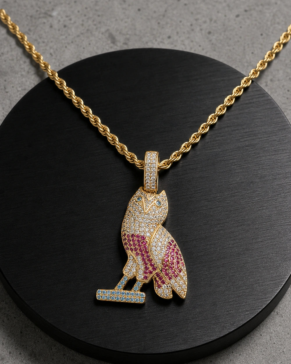 Iced CZ Pave-Style Owl Pendant Necklace
