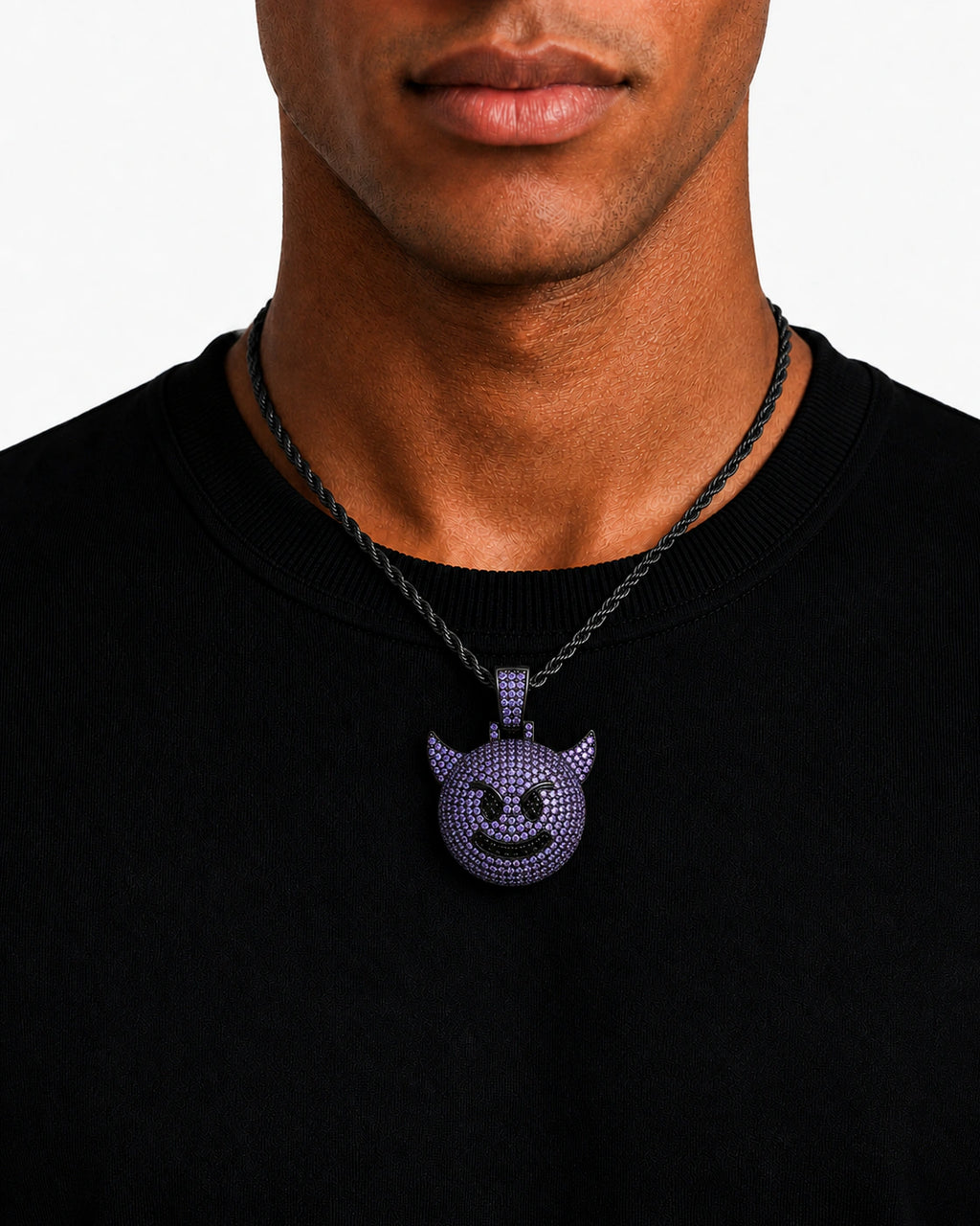 Iced CZ Horned Grin Pendant Necklace