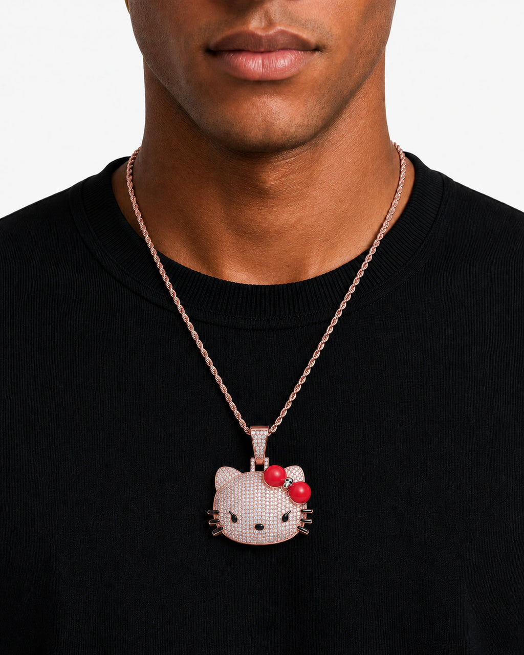 Iced CZ Pave Cat Face Red Bow Pendant Necklace