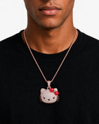 Iced CZ Pave Cat Face Red Bow Pendant Necklace
