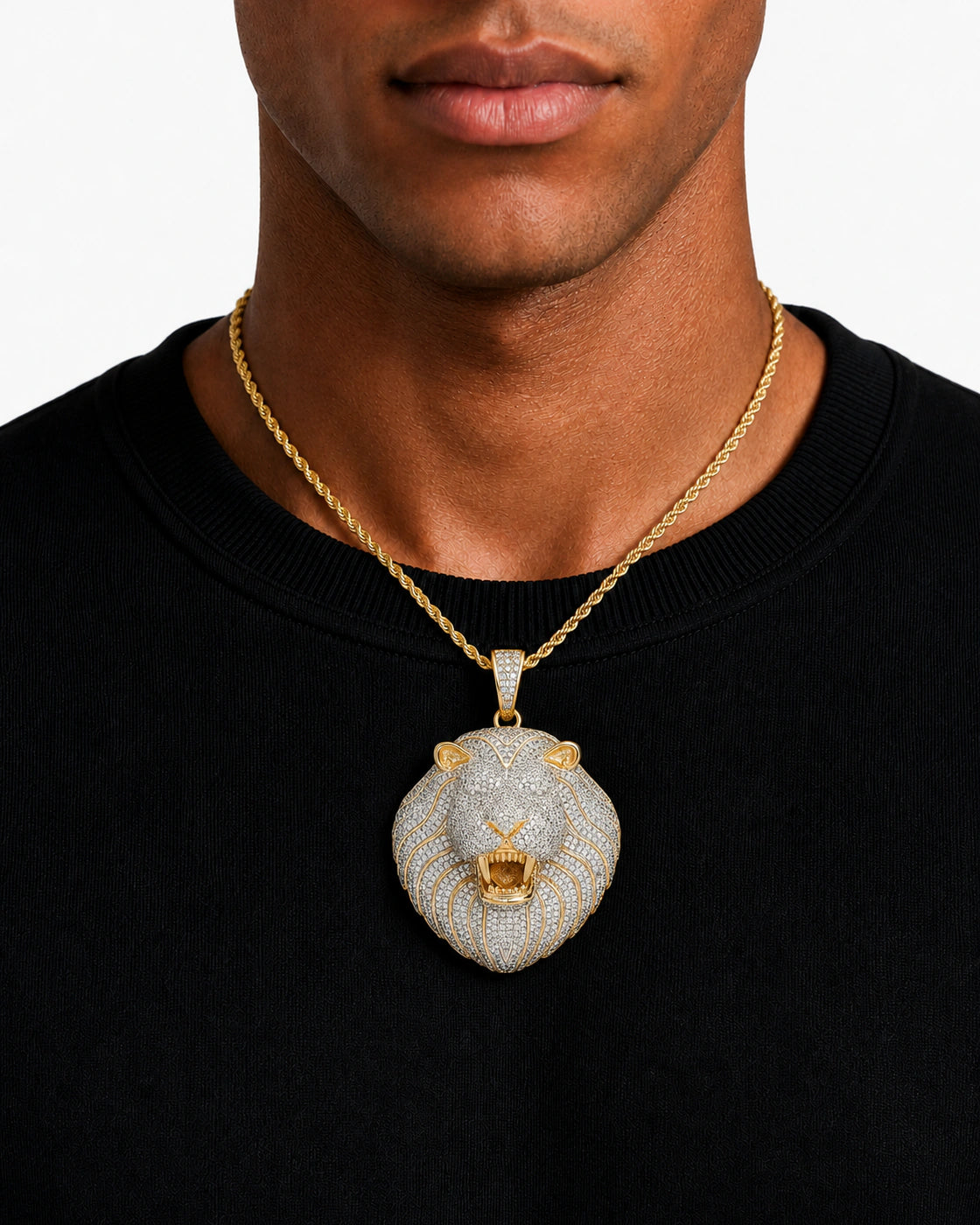 Iced CZ Roaring Lion Pendant Necklace