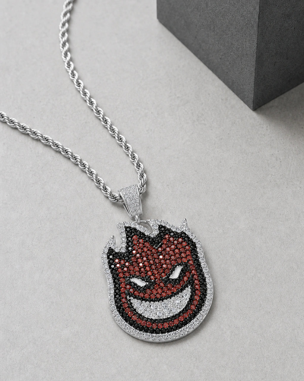 Iced CZ Flame Grin Pendant Necklace