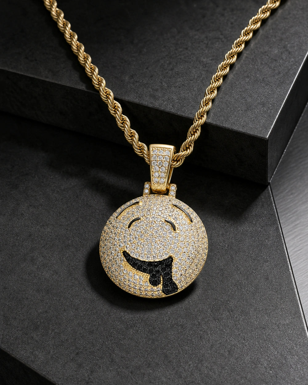 Iced CZ Dripping Smile Pendant Necklace