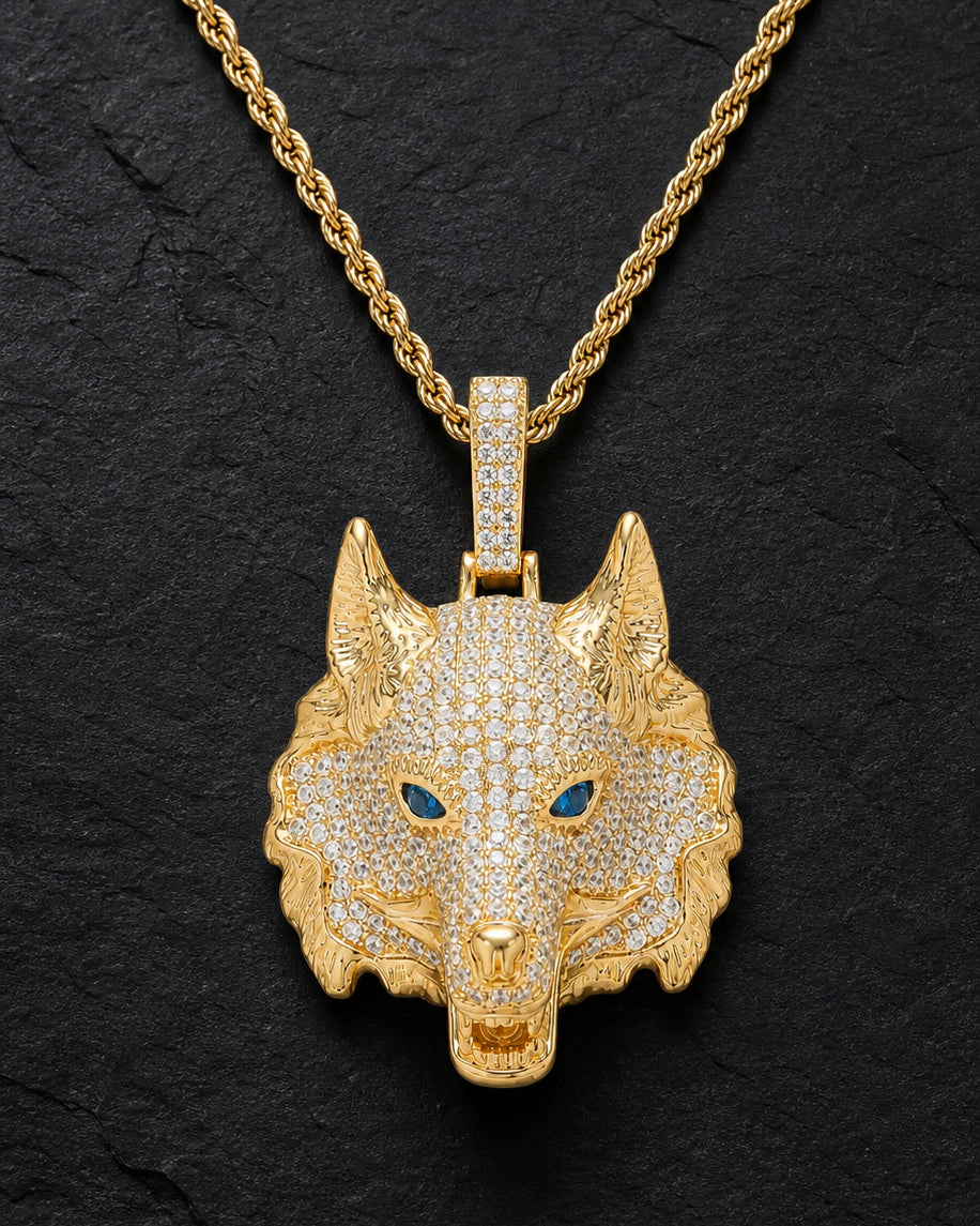 Iced CZ Wolf Head Pendant Necklace