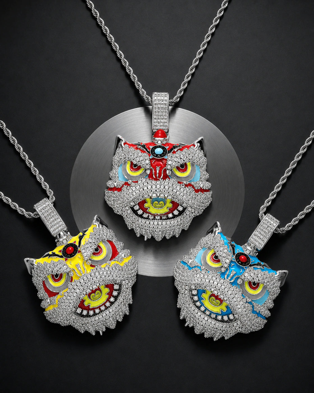 Iced CZ Lion Dance Head Pendant Necklace