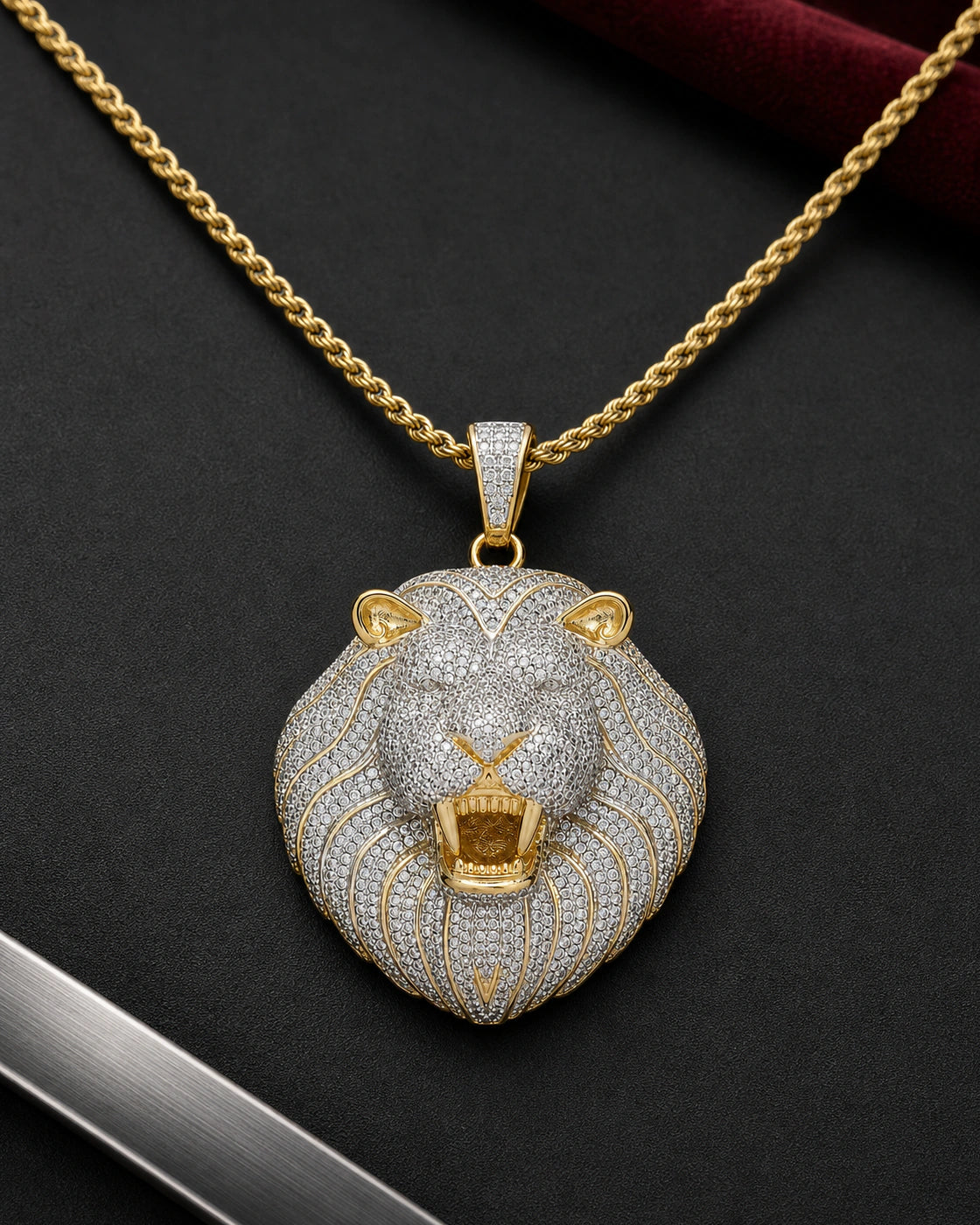 Iced CZ Roaring Lion Pendant Necklace