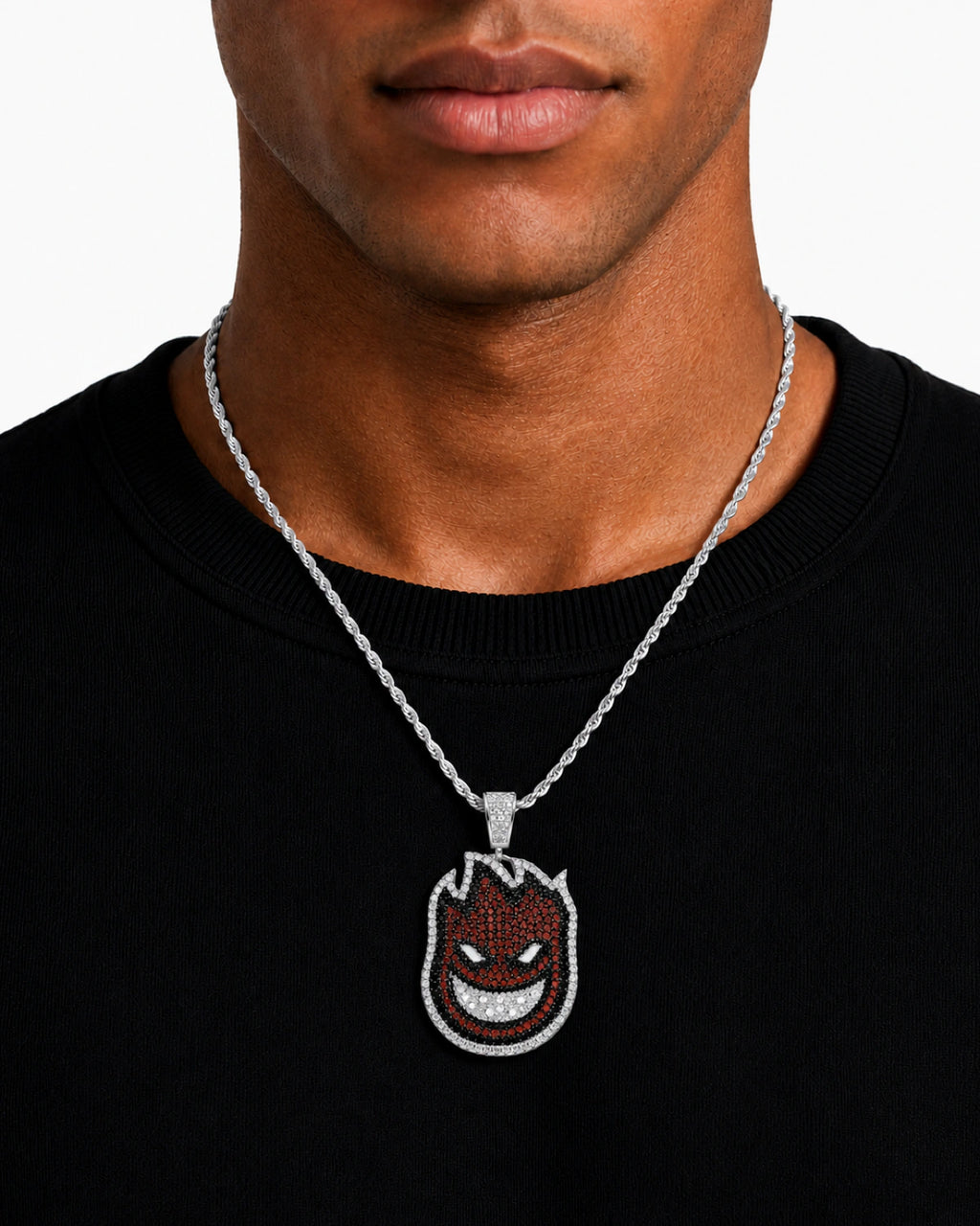 Iced CZ Flame Grin Pendant Necklace